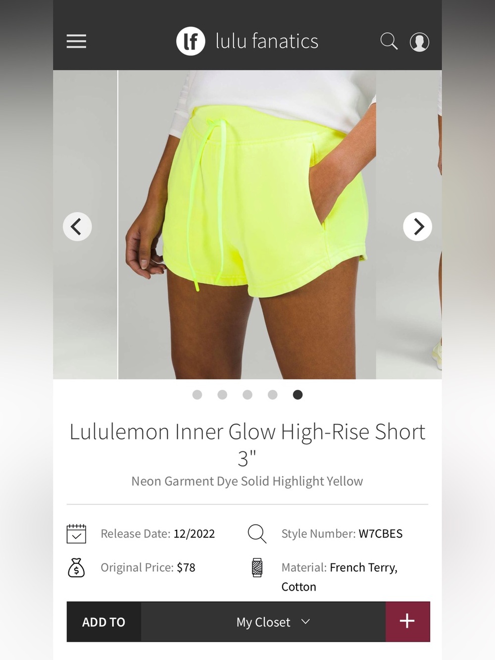Lululemon Inner Glow 3 inch neon yellow shorts